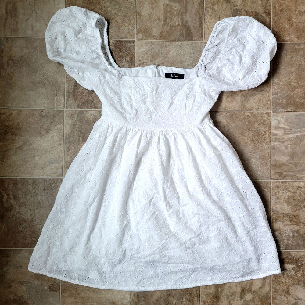 Lulus Womens S White Babydoll Short Mini Dress Eyelet Puff Sleeve Square Neck